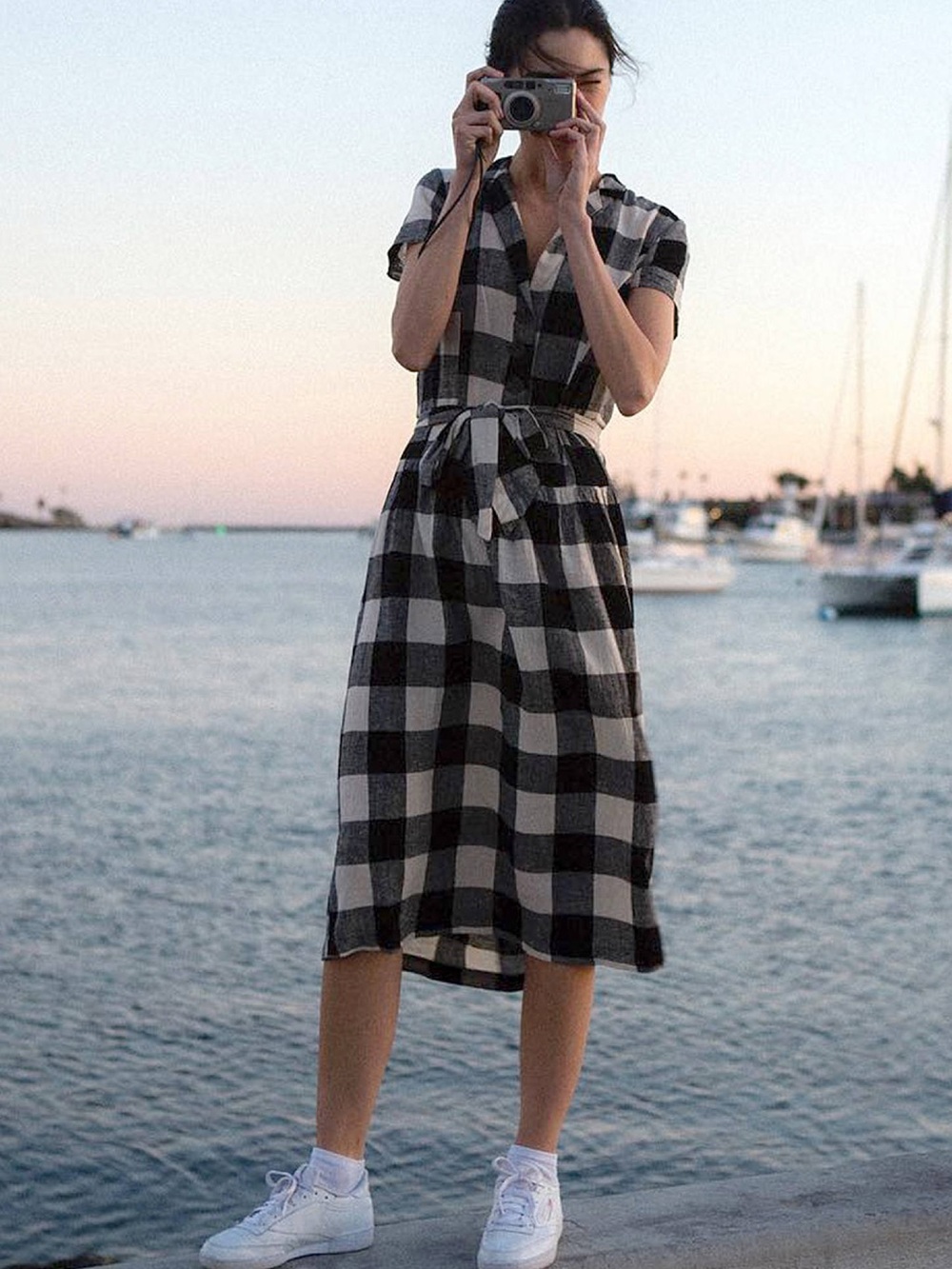 Urban Outfitters Black and White Gingham Midi Shirt Dress